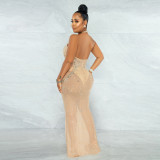 Fashionable sexy halter neck hollow leaking back see-through bag hip dress