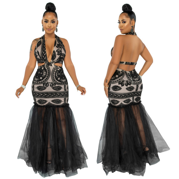 Fashion sexy halter neck openwork leaking back burnt flower perspective mesh dress new