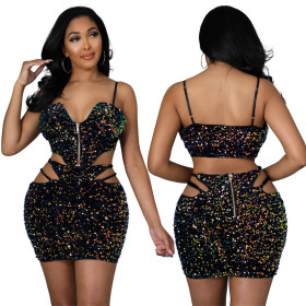 Sexy sling V-neck short top with fashionable bag hip A-line skirt female suit