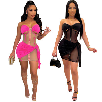 Sexy see-through tube top polyester mesh stitching straight tribute dress