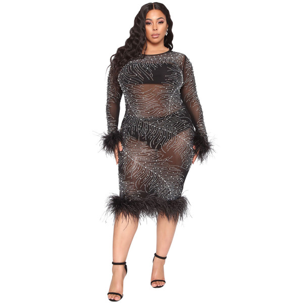 Fashion sexy hot rhinestone perspective long-sleeved feather bag hip dress