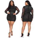 Large size fashion straight tribute stitching polyester mesh new hot diamond half high neck evening dress women