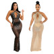 Fashionable sexy halter neck hollow leaking back see-through bag hip dress