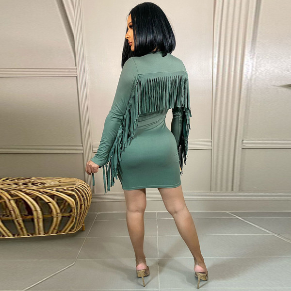 Fashion casual pure color bag hip tassel dress