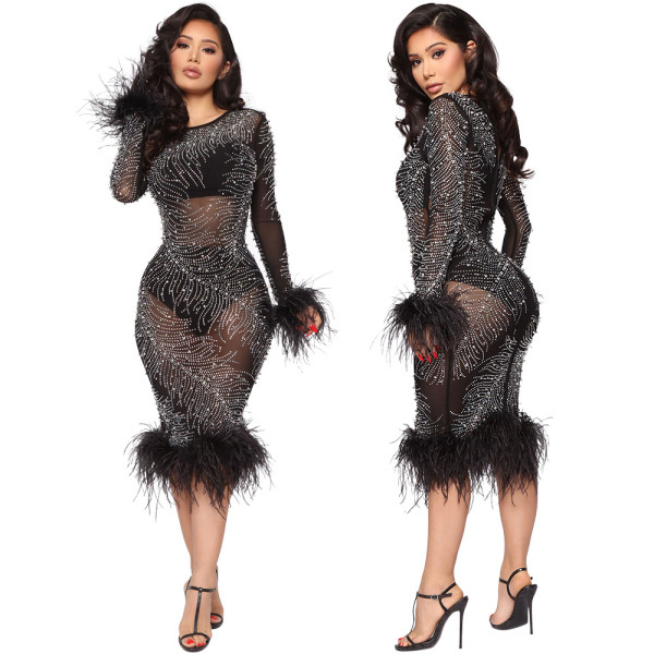 Fashion sexy hot rhinestone perspective long-sleeved feather bag hip dress