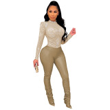 Fashion sexy PU hot rhinestone perspective skinny jumpsuit shows the figure winter new style