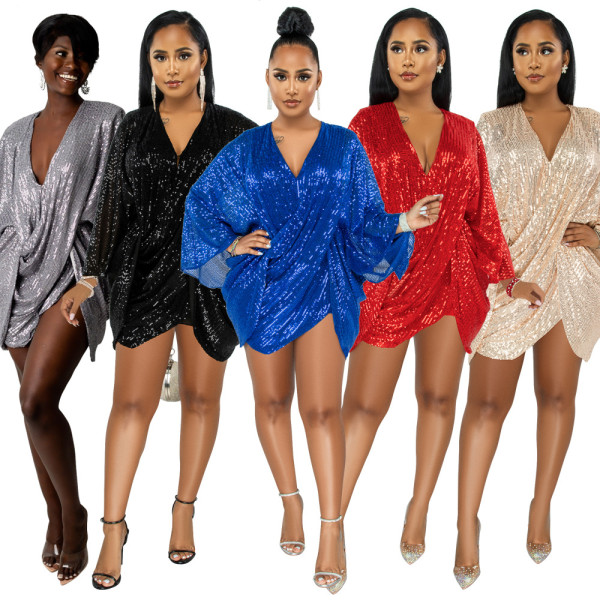 New Women's Irregular T-sleeve Dress Sexy Sequin Party Long Sleeve