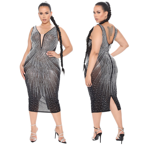 Fashion sexy sling V-neck perspective split hip dress new