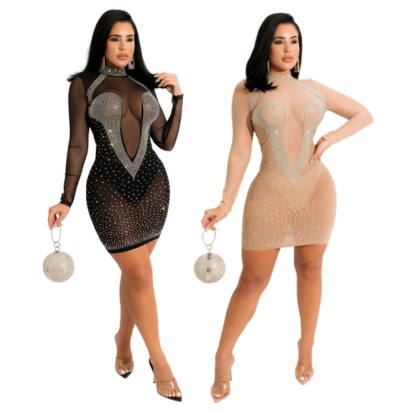 Fashion sexy perspective long-sleeved hot rhinestone bag hip show figure dress winter new style
