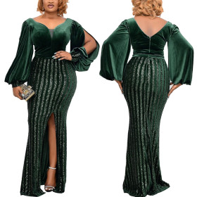 Fashion sexy party party host split ends large size sequin dress