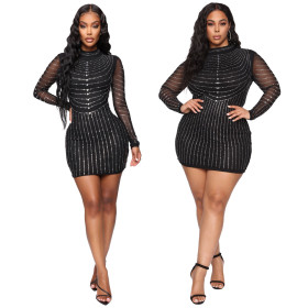 Large size fashion straight tribute stitching polyester mesh new hot diamond half high neck evening dress women