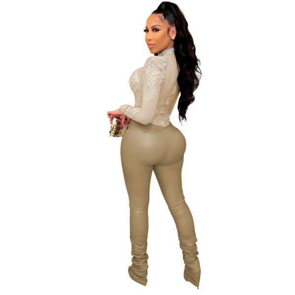 Fashion sexy PU hot rhinestone perspective skinny jumpsuit shows the figure winter new style