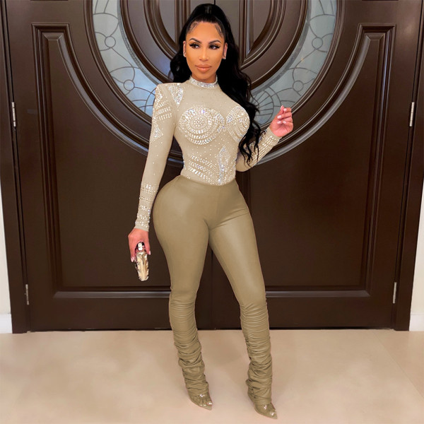 Fashion sexy PU hot rhinestone perspective skinny jumpsuit shows the figure winter new style