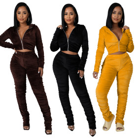 Fashion casual zipper long hooded leggings suit two-piece winter new style