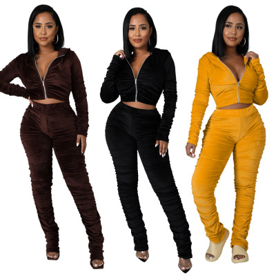 Fashion casual zipper long hooded leggings suit two-piece winter new style