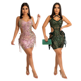 Fashion sexy halter neck hollow party sequin strap V-neck bag hip A-line skirt