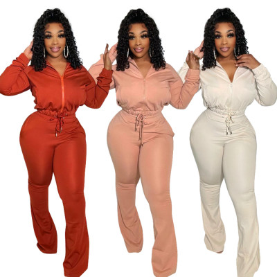 Two-piece fashion casual zipper strap solid color suit