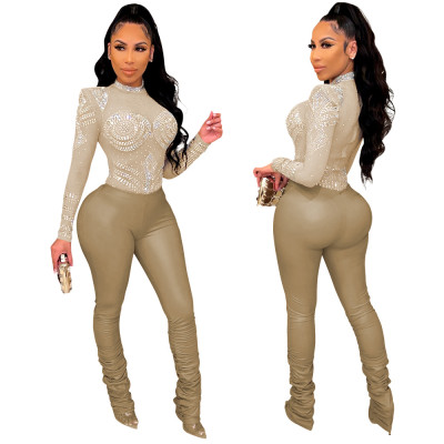 Fashion sexy PU hot rhinestone perspective skinny jumpsuit shows the figure winter new style