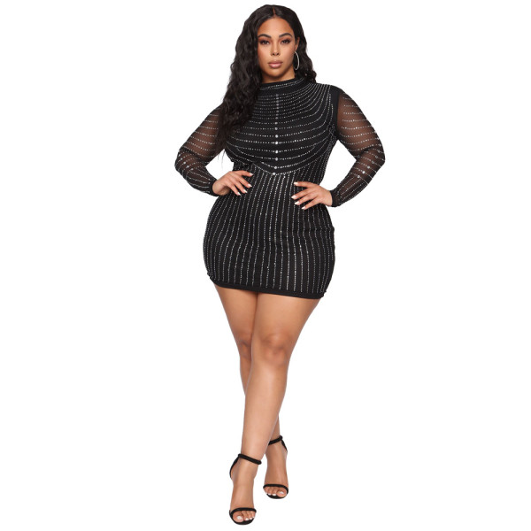 Large size fashion straight tribute stitching polyester mesh new hot diamond half high neck evening dress women