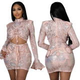 Fashion sexy hollow strap horn cuff bag hip sequin dress