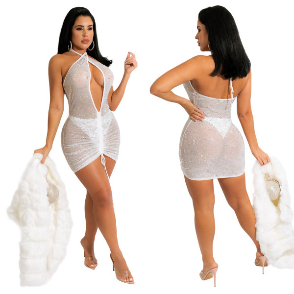 Fashion sexy middle hollow shrink halter neck bag hip dress