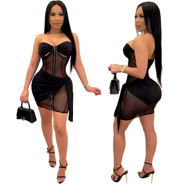 Sexy see-through tube top polyester mesh stitching straight tribute dress