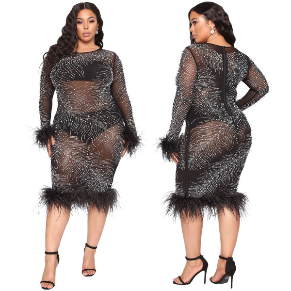 Fashion sexy hot rhinestone perspective long-sleeved feather bag hip dress