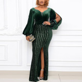 Fashion sexy party party host split ends large size sequin dress