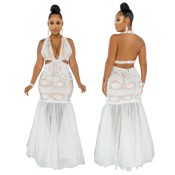 Fashion sexy halter neck openwork leaking back burnt flower perspective mesh dress new