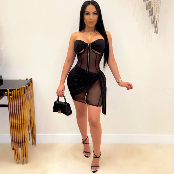 Sexy see-through tube top polyester mesh stitching straight tribute dress