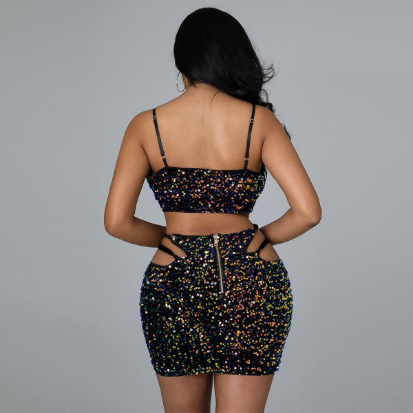 Sexy sling V-neck short top with fashionable bag hip A-line skirt female suit