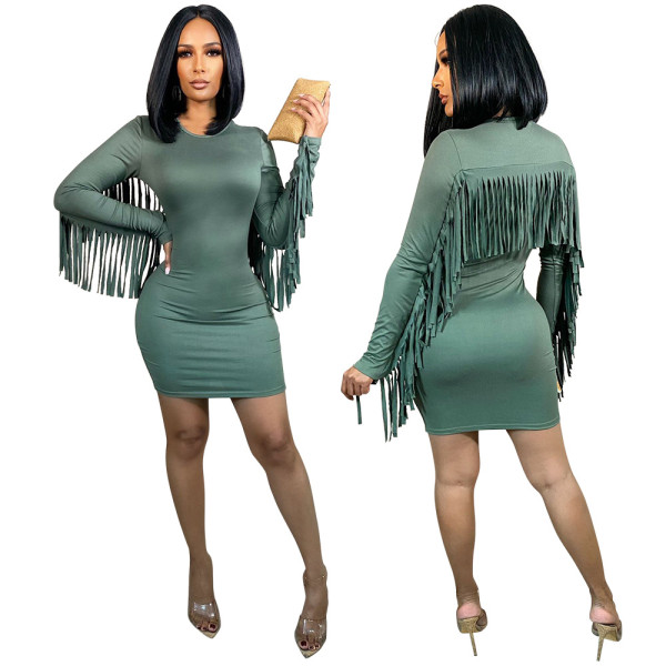 Fashion casual pure color bag hip tassel dress