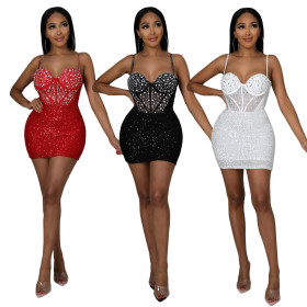 Sexy sling polyester mesh hot rhinestone stitching sequins nightclub party bag hip dress women