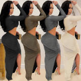 Pure Color Round Neck Long Sleeve Hollow Split Long Skirt Dress
