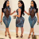 Fashion sequin high neck mesh see-through zipper mid-skirt dress
