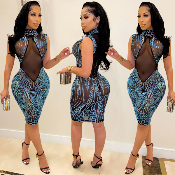 Fashion sequin high neck mesh see-through zipper mid-skirt dress