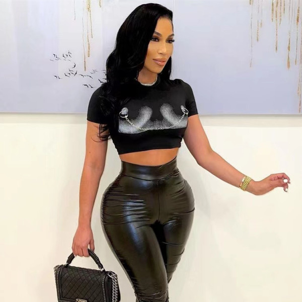 Sexy Printed Short Sleeve Crop T-shirt Metal Chain Casual Top Summer New Style