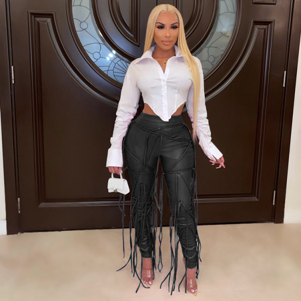 Casual PU trousers, leather rope, tight-fitting women's leather pants, winter new style