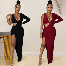 New Fashion Solid Color Women's V-neck One Shoulder Long Sleeve Hollow Split Long Skirt Dress
