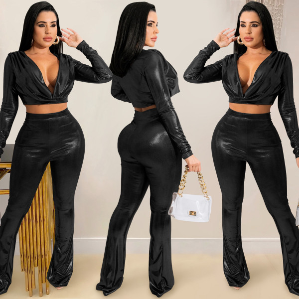 Fashion solid color women's hot stamping cloth deep V long sleeve waist trousers two-piece suit
