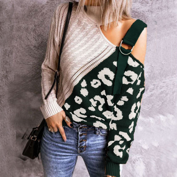 Pullover fashion turtleneck sweater color-blocking leopard print turtleneck off-shoulder sweater