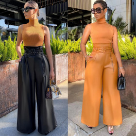 Fashion high waist trousers INS wind PU leather pants nightclub metal belt wide leg pants