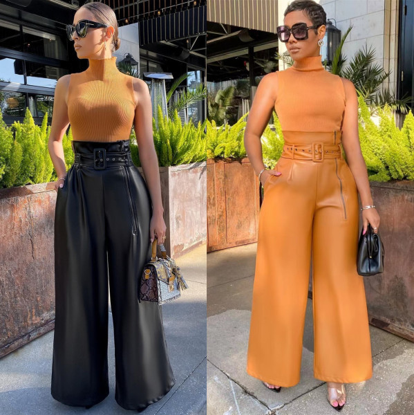 Fashion high waist trousers INS wind PU leather pants nightclub metal belt wide leg pants