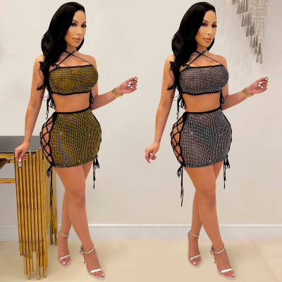 Fashion sexy women's hot drilling mesh see-through strap hollow short skirt two-piece suit