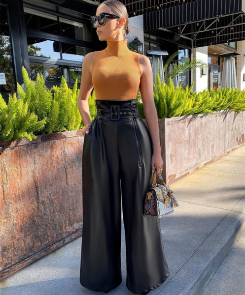 Fashion high waist trousers INS wind PU leather pants nightclub metal belt wide leg pants