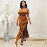 Fashion solid color women's flat shoulder pleated sleeve tight-fitting slit long skirt dress women