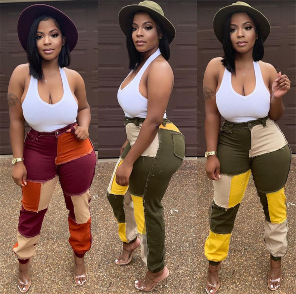 Fashion casual women's trousers, multi-color stitching, washed waist jeans, autumn and winter new style