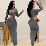 Pure Color Round Neck Long Sleeve Hollow Split Long Skirt Dress