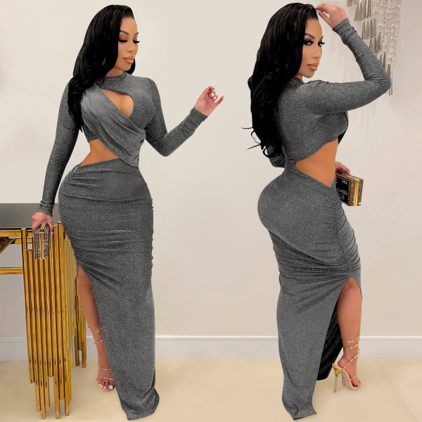 Pure Color Round Neck Long Sleeve Hollow Split Long Skirt Dress