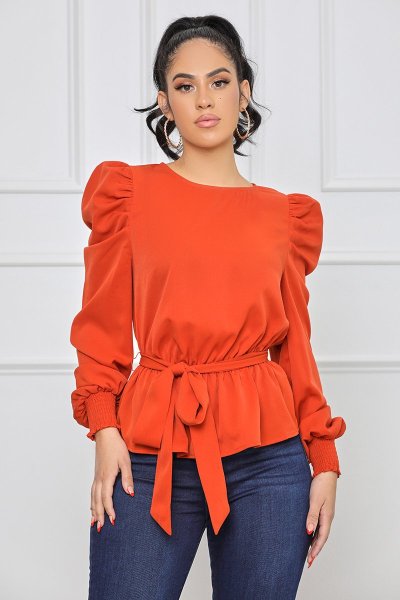 Puff sleeve long-sleeved chiffon shirt, pure color waist top with belt, spring new style